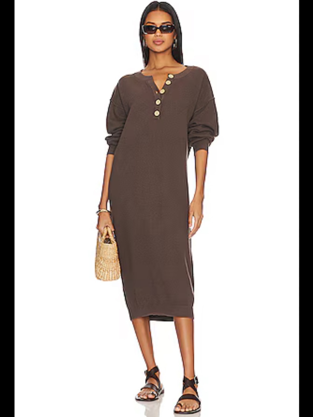 Free People Beach Sweater Midi Dress Women’s XS Brown Henley Midi C2